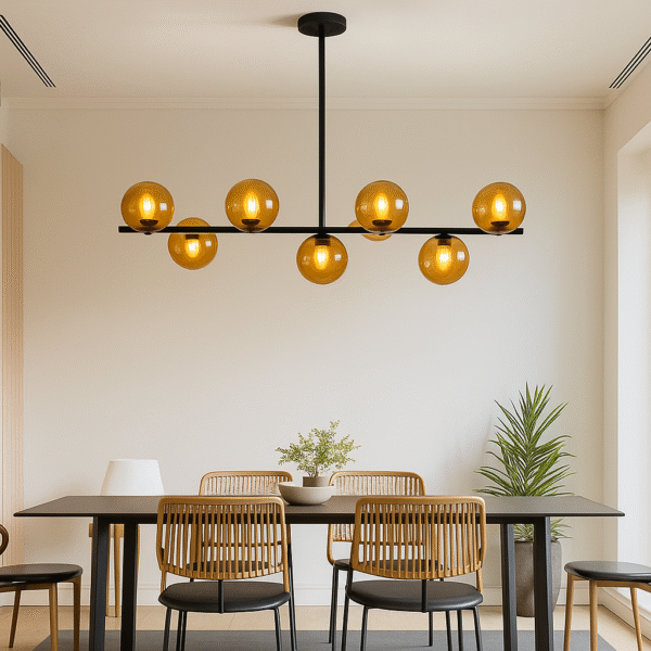 نجفة مودرن 8 لمبات – شاسيه أسود مع بلورات عسلي ثريا خطية عصرية بـ 7 لمبات (إطار أسود أو ذهبي)