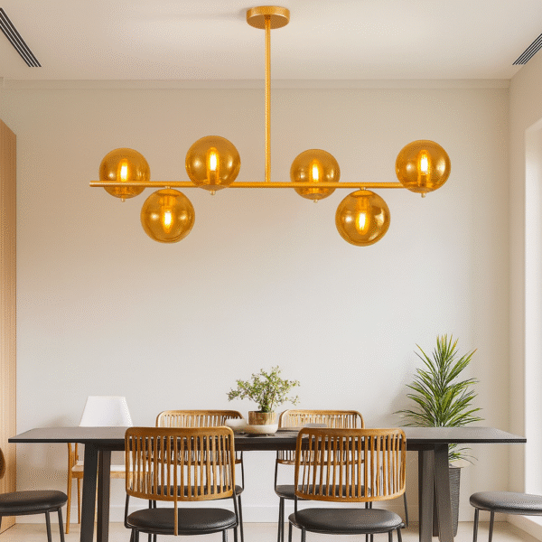 نجفة مودرن 8 لمبات – شاسيه ذهبي مع بلورات عسلي نجفة مودرن بالشاسيه الذهبي ولمبات عسلي لإضاءة فاخرة ودافئة تناسب السفرة والريسبشن.