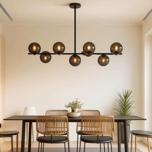 نجفة مودرن خطية 8 لمبات – شاسيه أسود مع بلورات فاميةي نجفة مودرن 6 لمبات – شاسيه أسود مع بلورات فامية فاخرة