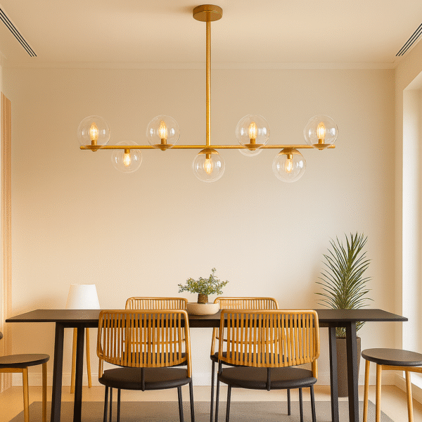 نجفة مودرن 6 لمبات – شاسيه ذهبي × بلورات شفافة نجفة مودرن راقية بشاسية ذهبي لامع وبلورات شفافة أنيقة تضيف إضاءة موزعة بشكل مثالي وتعطي فخامة لأي غرفة.